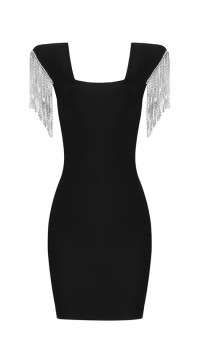 Sleeveless Black Fringed Bandage Dress