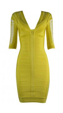 Herve Leger Bandage Dresses V Neck Half Sleeve Yellow