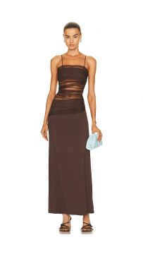 Elegant Brown Mesh Panel Maxi Spaghetti Strap Dress