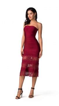 Herve Leger Bandage Dress Long Gown Strapless Lace Burgandy