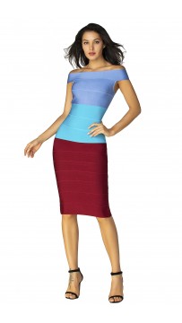 Herve Leger Bandage Dress Off Shoulder Colorblock Blue Red