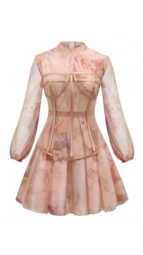 Rose Turtleneck Silk Long-Sleeved Mini Dress