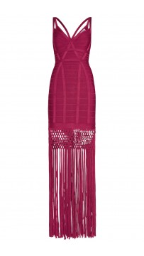 Herve Leger Raspberry Nadia Lattice Draped Fringe Dress