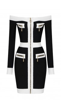 Black Long Sleeve Off Shoulder Zipper Bandage Dress