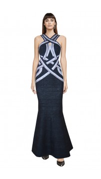 Herve Leger Bandage Dress Long Halter Neck Metallic Black