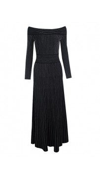 Shoulderless Long Sleeve Black Striped Evening Dress