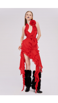 Red Asymmetric Ruffled Halter Dress