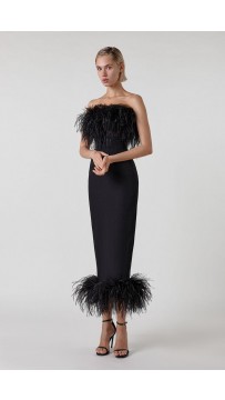 Celebrity Black Strapless Feather Trim Bandage Dress