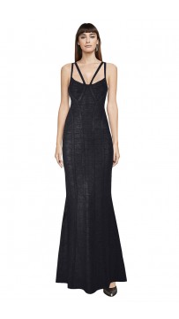 Herve Leger Bandage Dress Long Gown Foil Black Yoke Strap