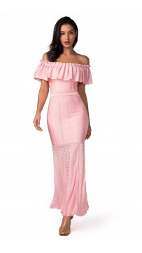 Herve Leger Bandage Dress Long Gown Off Shoulder Ruffled Pink