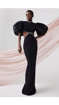 Crystal-Embellished Crepe Maxi Dress With Organza Puff-Sleeves