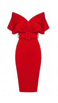 Off Shoulder V-Neck Red Bandage Dress