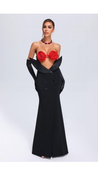 Red Flower Embroidered Black Maxi Dress
