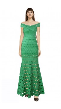  Herve Leger Bandage Dress Long Gown Off Shoulder Crisscross Green