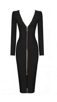 Long Sleeve Open Back Black Bandage Dress