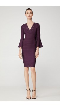 Herve Leger Eyelet Stripe Pleated Sheath Dress