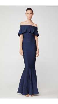 Herve Leger Eyelet Stripe Pleated Gown