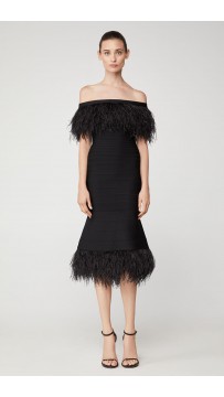 Herve Leger Ostrich Feather-Trimmed Bandage Dress