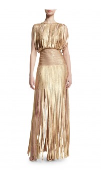 Herve Leger Bandage Dress Long Gown Tassels Foil Gold