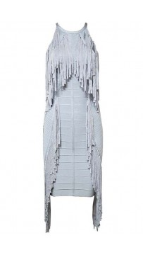 Herve Leger Halter Draped-Fringe Bandage Dress 