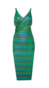  Herve Leger Foil Metallic Bandage Dresses Green V Neck Crisscross Backless