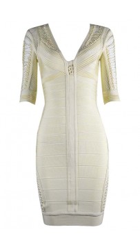 Herve Leger Bandage Dresses V Neck Half Sleeve Beige