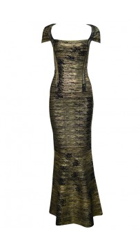 Herve Leger Bandage Dresses Long Gown Metallic Black Golden V Neck