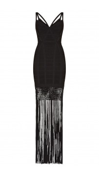 Herve Leger Black Nadia Lattice Draped Fringe Dress