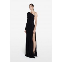 herve leger black one-shoulder long-sleeve bandage dress