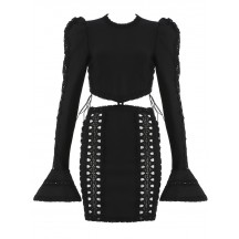 Black Flare Long Sleeve Hollow Out Bandage Dress