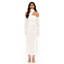Elegant One-Shoulder Design White Ruched Midi Dress