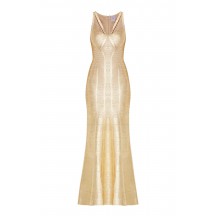 Herve Leger Bandage Dress Long Gown Foil Gold Yoke Strap