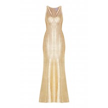 Herve Leger Bandage Dress Long Gown Foil Gold Yoke Strap