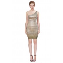 Herve Leger Bandage Dresses Sequin One Shoulder Backless Gold