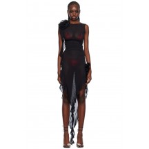 Sexy Asymmetrical Shoulder Floral Sheer Black Dress