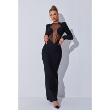 Long Sleeve Hollow Bandage Black Dress