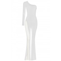 White Women's One Shoulder Long Sleeve Sexy Hollow Bandage Jumpsuit