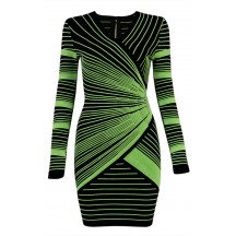 Herve Leger Bandage Dress Long Sleeve V Neck Stripped Green