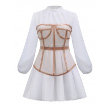 Ladies’ Fashion And Elegant Perspective Two-Piece Suit Waist Puff Sleeve White Dress