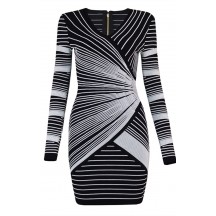 Herve Leger Bandage Dress Long Sleeve V Neck Stripped Black