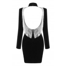 Backless Rhinestone Fringe Long Sleeve High Neck Velvet Black Mini Dress