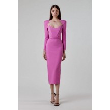 Pink Shoulder Pad Elegant Midi Dress