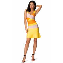 Herve Leger Bandage Dress Flared Yellow Orange Color Block