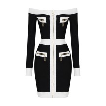 Black Long Sleeve Off Shoulder Zipper Bandage Dress