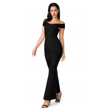 Herve Leger Bandage Dress Long Gown V Neck Off Shoulder Black