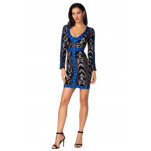 Herve Leger Bandage Dress Long Sleeve V Neck Leopard Black Blue