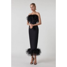 Celebrity Black Strapless Feather Trim Bandage Dress