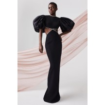 Crystal-Embellished Crepe Maxi Dress With Organza Puff-Sleeves