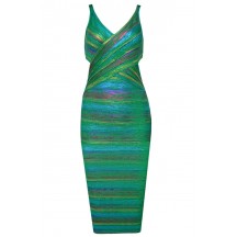  Herve Leger Foil Metallic Bandage Dresses Green V Neck Crisscross Backless