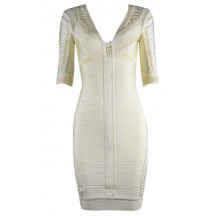 Herve Leger Bandage Dresses V Neck Half Sleeve Beige